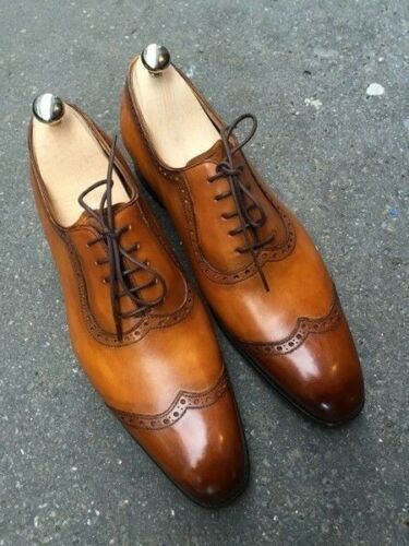 Mens Handmade Tan Brown Wing Tip Lace Up Formal Dress Custom Made Leather Shoe