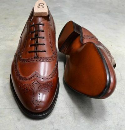 HIGH QUALITY-Handmade Mens Brogue wingtip shoes Mens dress Brown Lace up shoes