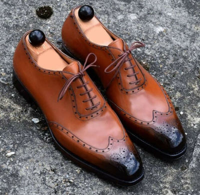 Mens Handmade Brown Brogue Wing Tip Oxfords Lace Up Formal Dress Leather Shoes