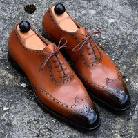 Mens Handmade Brown Brogue Wing Tip Oxfords Lace Up Formal Dress Leather Shoes - Thumbnail 2