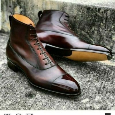 Handmade men cap toe burgundy formal boot, men ankle high lace up leather boot - Thumbnail 5