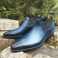 Handmade Half Ankle Chelsea Boot Mens Navy Blue Black Tone Leather Chelsea Boots - Thumbnail 2