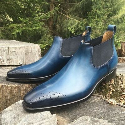 Handmade half ankle chelsea boot mens navy blue black tone leather chelsea boots
