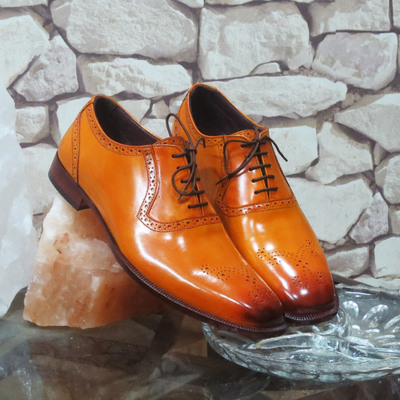 Handmade tan brogue lace up leather shoes for men's - Thumbnail 4