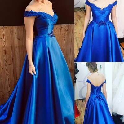 Off the shoulder royal blue prom dresses with appliques lace - Thumbnail 3