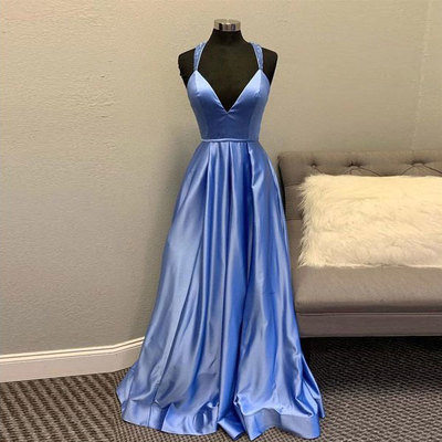 Straps Blue Long Prom Dresses with Beaded