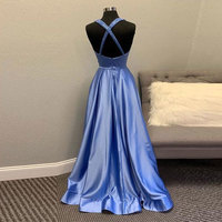 Straps Blue Long Prom Dresses with Beaded - Thumbnail 1