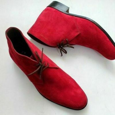 Men's handcrafted red suede leather stylish party wear chukka lace up boots