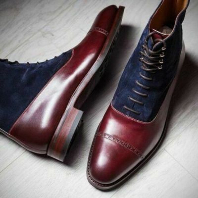 Two Tone High Ankle Navy Blue Suede Maroon Cap Toe Leather Lace Up Boots