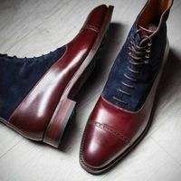 Two Tone High Ankle Navy Blue Suede Maroon Cap Toe Leather Lace Up Boots - Thumbnail 3