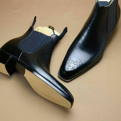 New men's handmade black brogue leather dress formal chelsea boots
