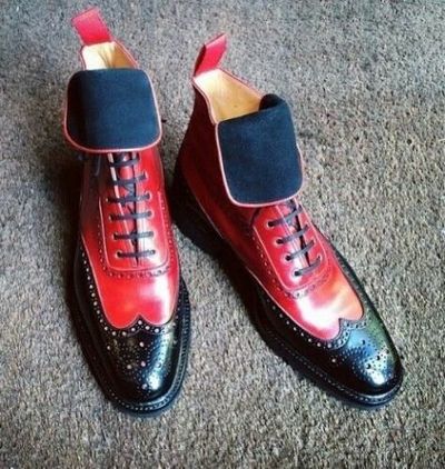 Genuine Black Red Leather Party Wear High Ankle Lace up Handmade Men's Boots