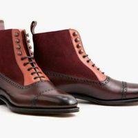 New Men Handmade Multi Color Cap Toe Leather and Suede Ankle High lace Up Boots - Thumbnail 3