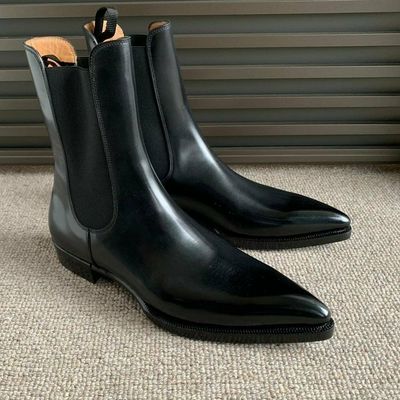 Handmade Men Rock Style Black Leather High Ankle Chelsea Pointed Toe Boots