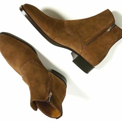 Handmade men's brown monk strep zip ankle boot ankle high suede leather shoes - Thumbnail 5