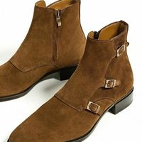 Handmade Men's Brown Monk Strep Zip Ankle Boot Ankle High Suede Leather Shoes - Thumbnail 1