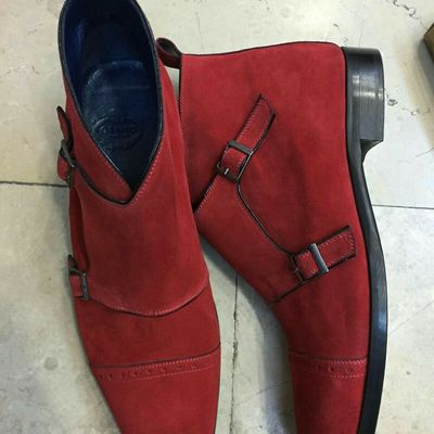 Men's handmade double monk chukka boots men's red suede leather boots - Thumbnail 5