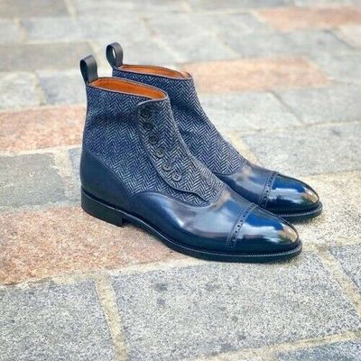 Handmade blue leather & tweed button boots, men blue boot, men two toned boot - Thumbnail 4