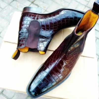 Handmade chelsea crocodile texture leather ankle boot, formal casual men boot - Thumbnail 5