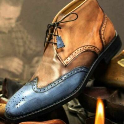 Mens tan blue leather chukka boot, mens lace up ankle high boot