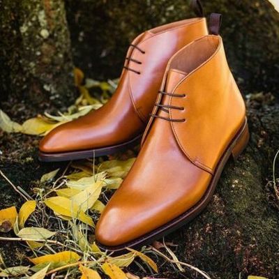 Mens handmade tan brown lace up casual formal ankle high chukka leather boots - Thumbnail 5