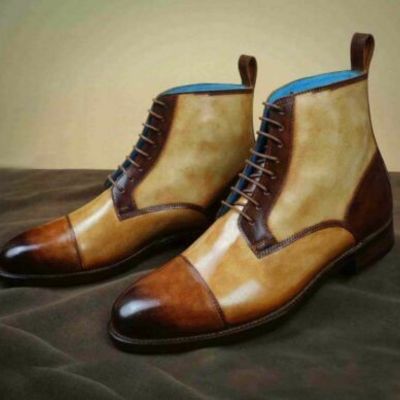 Men handmade cognac patina ankle high lace up formal custom made leather boots - Thumbnail 5