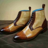 Men Handmade Cognac Patina Ankle High Lace Up Formal Custom Made Leather Boots - Thumbnail 3