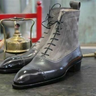 New handmade pure gray suede & gray leather ankle boots for men's - Thumbnail 5