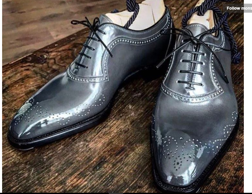 New Handmade Men brogue Gray Leather 
