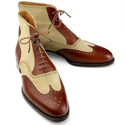 New handmade pure beige suede & dark tan leather ankle boots for men's - Thumbnail 5