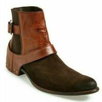 New Handmade Chelsea Suede Pure Leather Brown & Tan Ankle Boots for Men's - Thumbnail 3