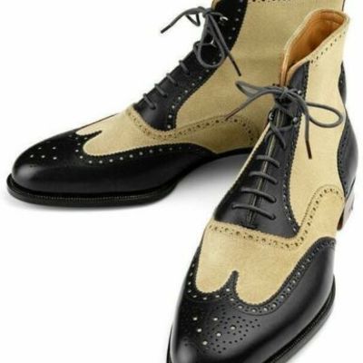 New-handmade men wing tip ankle high boots two tone leather & suede brogue boots - Thumbnail 5