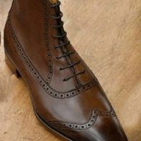 Handmade Men wing tip brogue ankle high boot, brown leather boots lace up shoes - Thumbnail 3