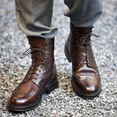 Handmade men's brown lace up boots, men's wing tip brogue ankle high boots - Thumbnail 5