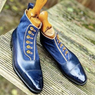 New handmade pure blue shaded leather & blue suede button boots for men's - Thumbnail 5