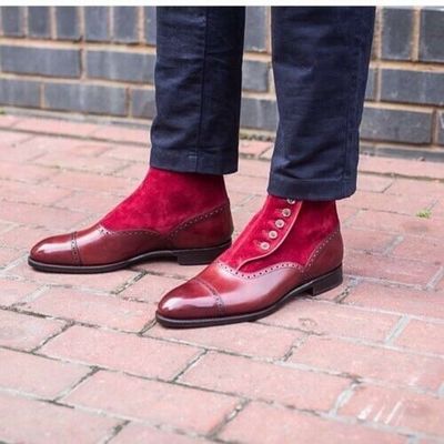 New handmade pure red leather & suede button boots for men's - Thumbnail 4