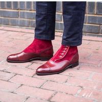 New Handmade Pure Red Leather & Suede Button Boots for Men's - Thumbnail 2