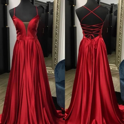 Open back long burgundy satin prom dress,sexy prom dress - Thumbnail 4