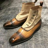 New Handmade Pure Tan Shaded & Beige Leather & Suede Button Boots for Men's - Thumbnail 3