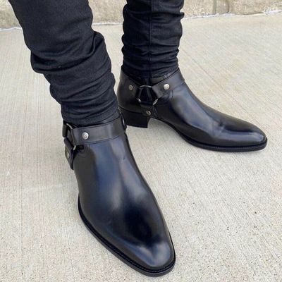 New handmade black motorcycle genuine leather zip fastening boots for men's - Thumbnail 5