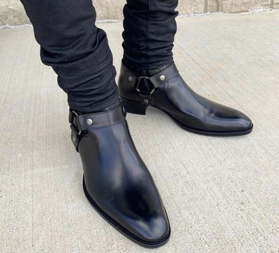 New Handmade Black Motorcycle Genuine Leather Zip Fastening Boots for Men's