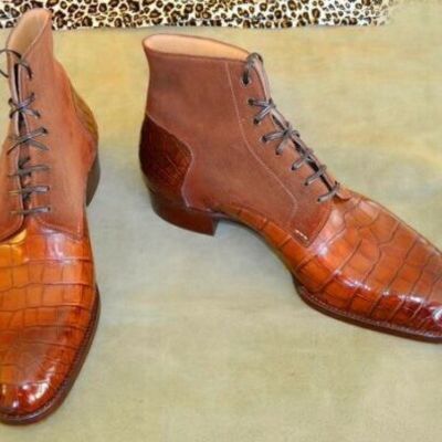 New handmade tan suede & crocodile leather ankle boots for men's - Thumbnail 5