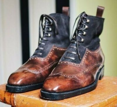 Two Tone High Ankle Rounded Cap Toe Genuine Leather Lace up Boots for Men's