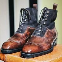 Two Tone High Ankle Rounded Cap Toe Genuine Leather Lace up Boots for Men's - Thumbnail 2