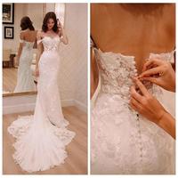 Gorgeous Off the Shoulder Wedding Dresses with Covered Button Lace Applique Mermaid Wedding Dresses with Court Train White Wedding Dresses - Thumbnail 1
