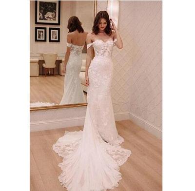 Gorgeous Off the Shoulder Wedding Dresses with Covered Button Lace Applique Mermaid Wedding Dresses with Court Train White Wedding Dresses