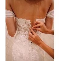 Gorgeous Off the Shoulder Wedding Dresses with Covered Button Lace Applique Mermaid Wedding Dresses with Court Train White Wedding Dresses - Thumbnail 3