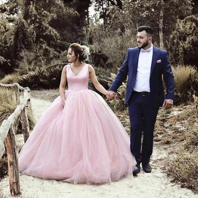 Custom made wedding,ball gown pink princess wedding dress sleeveless v neck open back satin tulle bridal gowns vestido de noiva  - Thumbnail 2