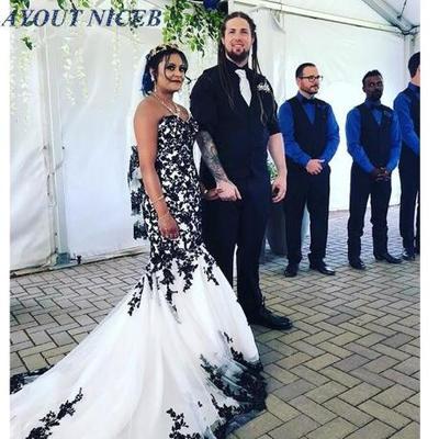 Custom made wedding,black appliques white mermaid african wedding dress sweetheart court train bridal wedding gowns suknia slubna - Thumbnail 5