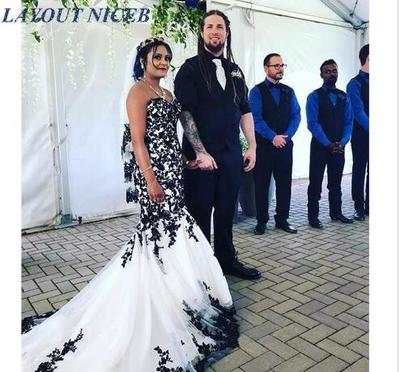 Custom Made Wedding,Black Appliques White Mermaid African Wedding Dress Sweetheart Court Train Bridal Wedding Gowns suknia slubna